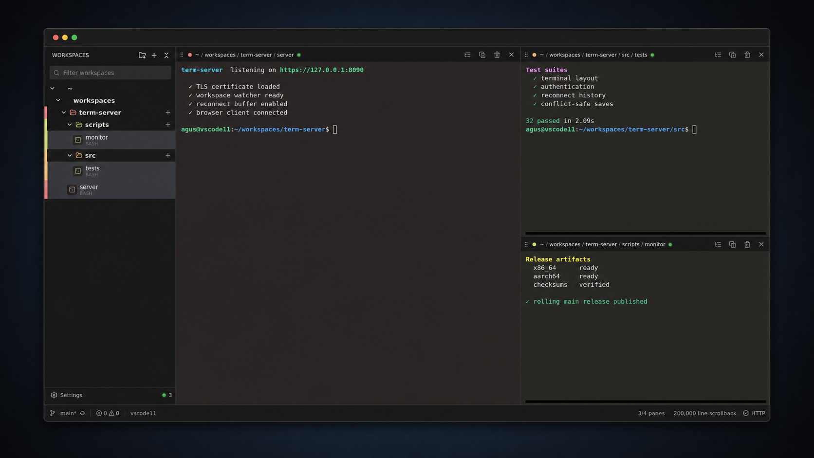 term-server workspace with three live terminal panes